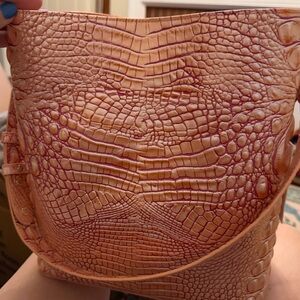 Elegant Crocodile-Embossed Brahmin handbag in apricot rose croc-embossed leather